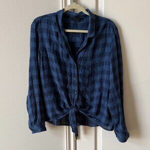 Sanctuary Blue and Black Linen Blend Flannel Shirt with Front Tie, Size M